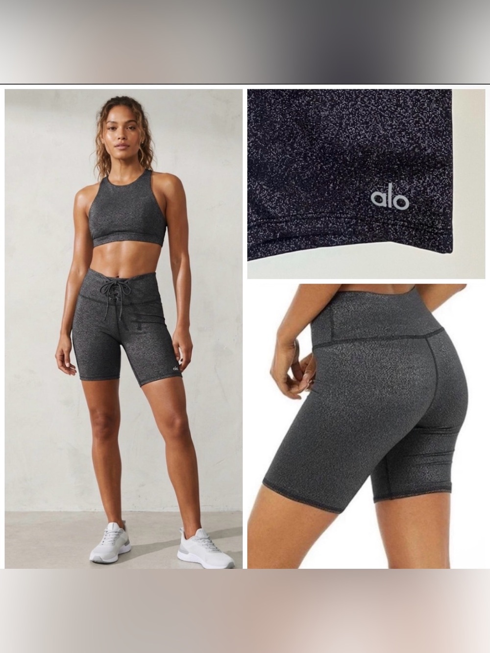 ALO Yoga Charcoal Glitter Tie High Waist Lace Up Bike Shorts